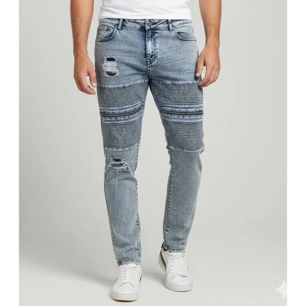 Mecca Men Acid Wash Distressed Zipper Moto Jeans Stretch Fit Blue Size 38x32
